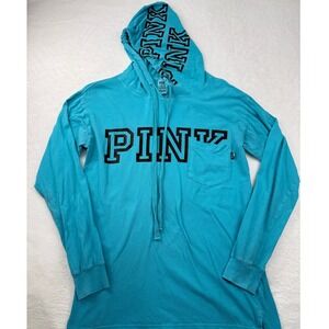 PINK Victoria's Secret Hoodie Tee Women XS Turquoise Blue-Green Logo Graphic